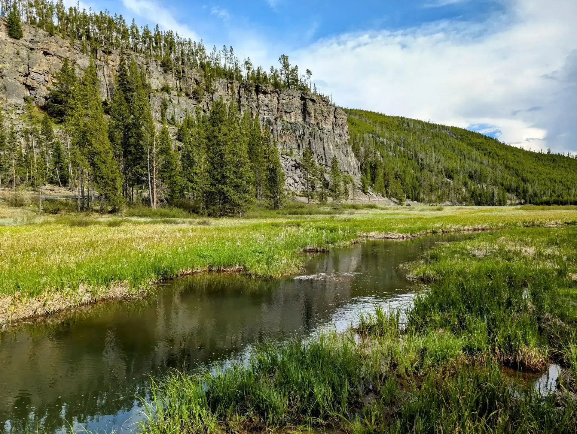 Sheer cliffs in Yellowstone National Park overlooking the Gibbon River