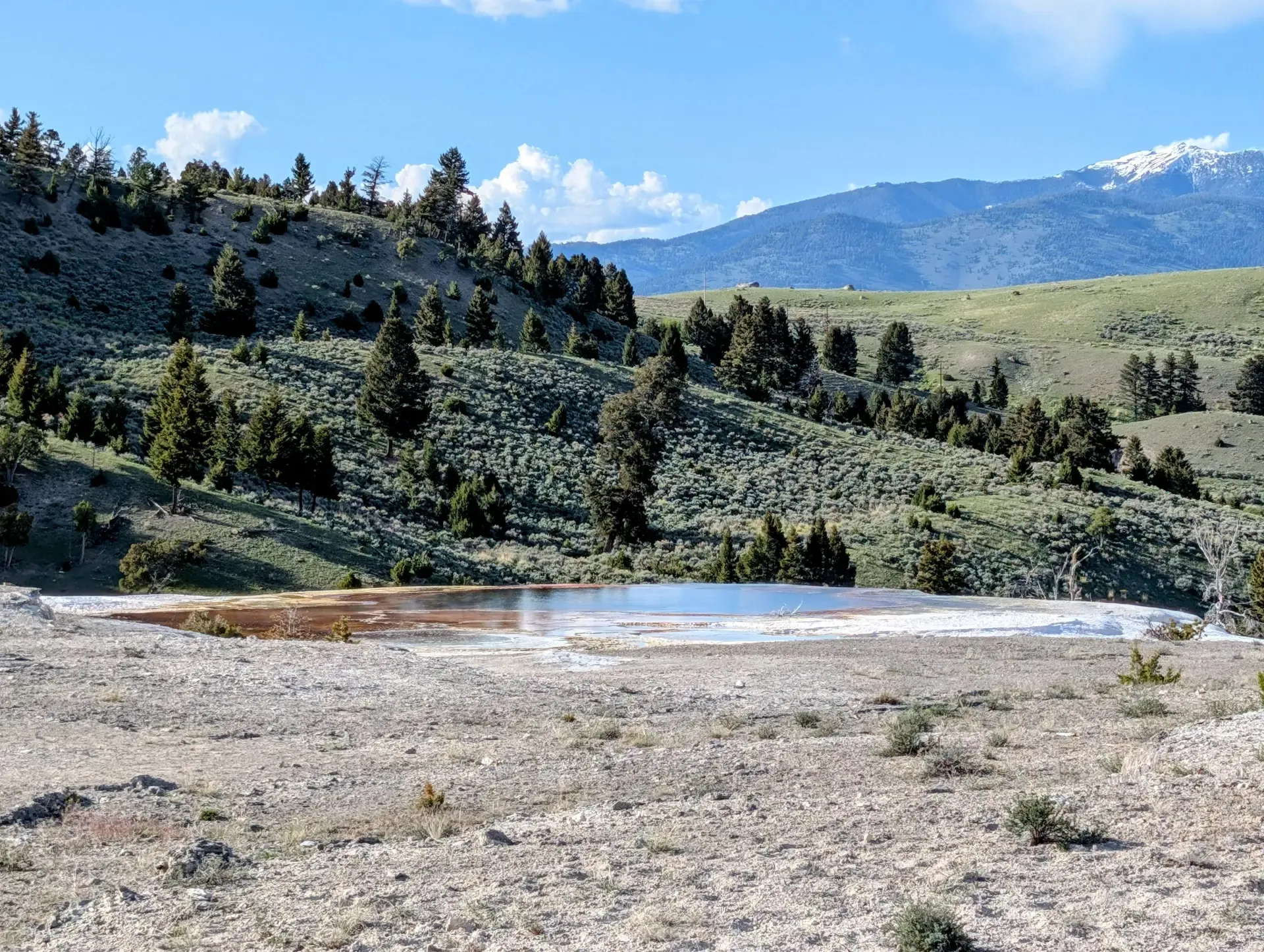 Thermal springs overlooking the valley at Yellowstone National Park