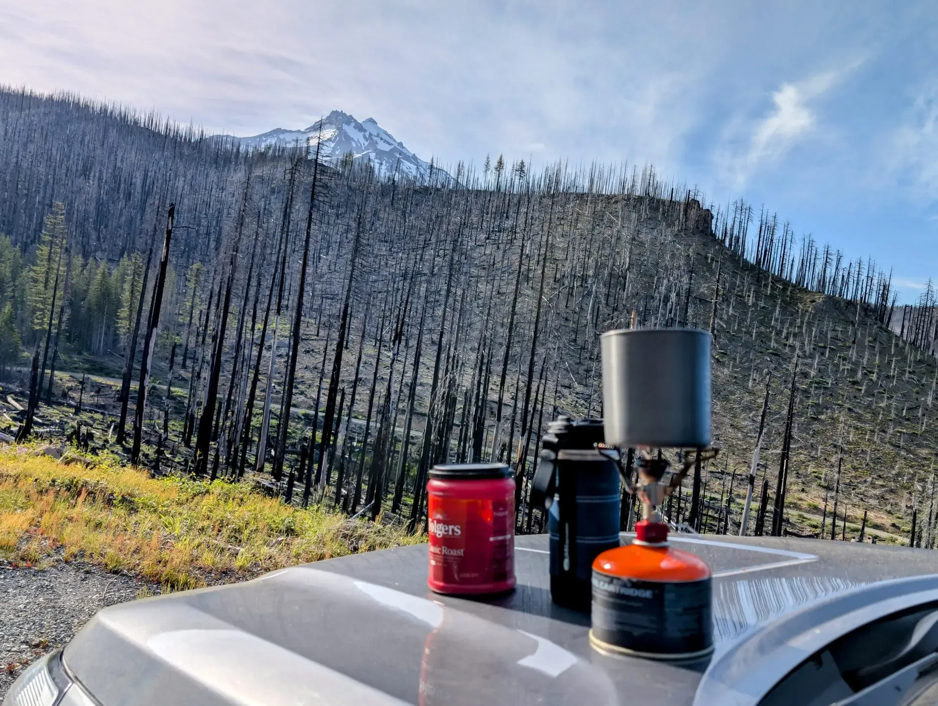 Preparing coffee in the morning as I work remotely from the Mount Jefferson wilderness