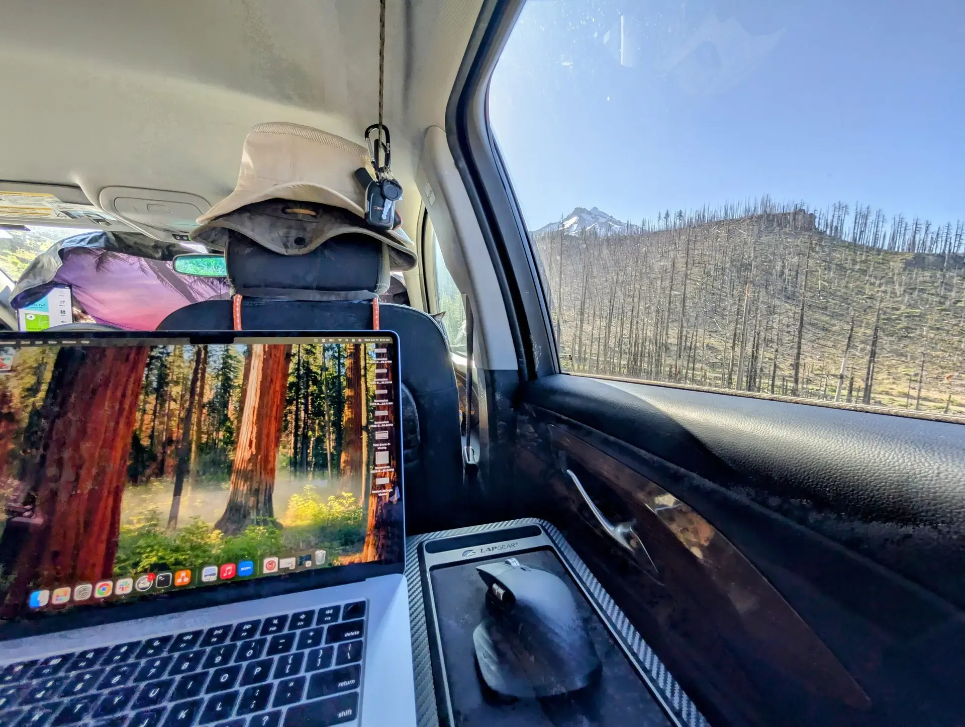 Working remotely from my car while enjoying the view of Mount Jefferson
