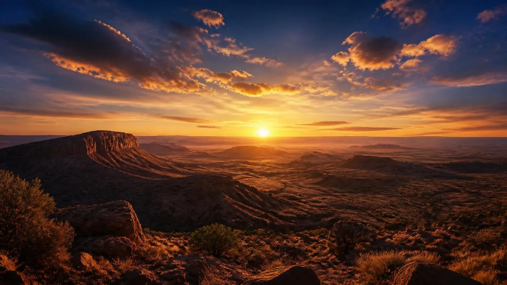 The open American West at golden hour, ridgelines receding toward a luminous horizon